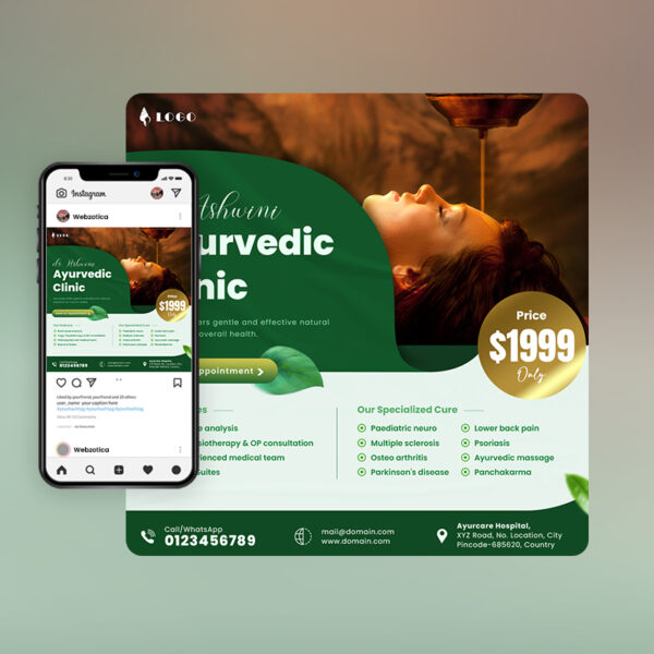 PSD Ayurvedic treatments and wellness center social media poster template